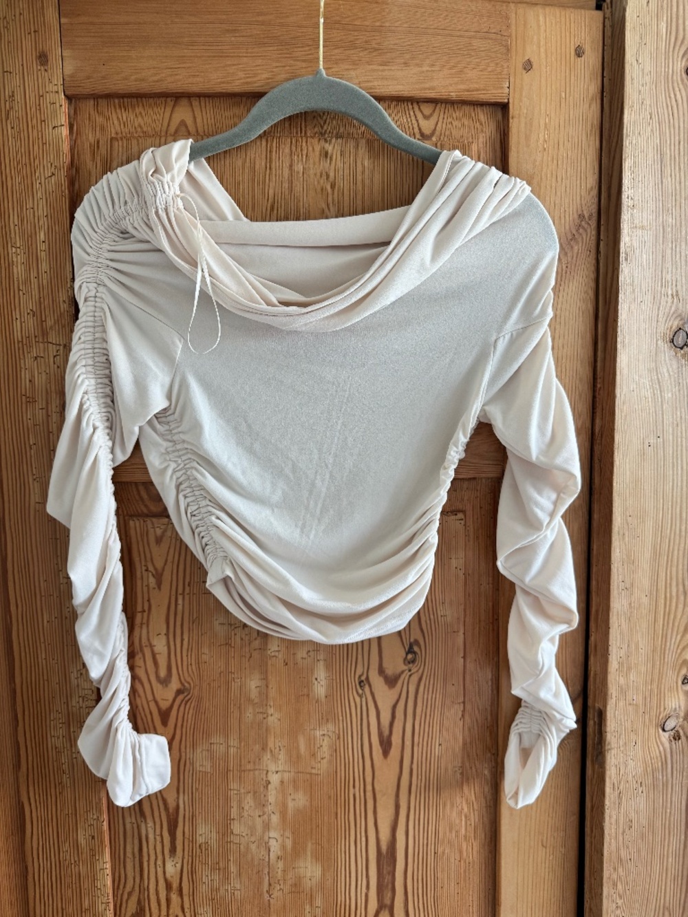 Cream Ruched Long Sleeve Draped Top